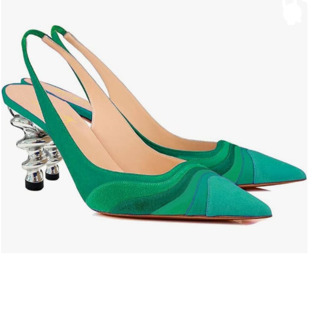FOWT Green Rainbow Color Stripes Strange Spiral High Heel Slip On Pumps
